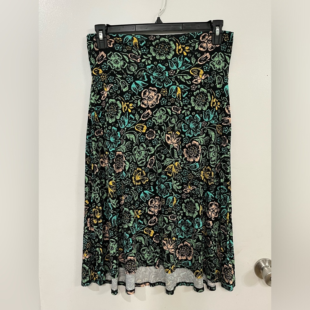 LuLaRoe Black Midi Skirt with Floral Print, size large